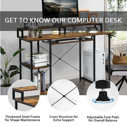 Wooden Laptop Desk, Industrial PC Table Workstation with Storage Shelves