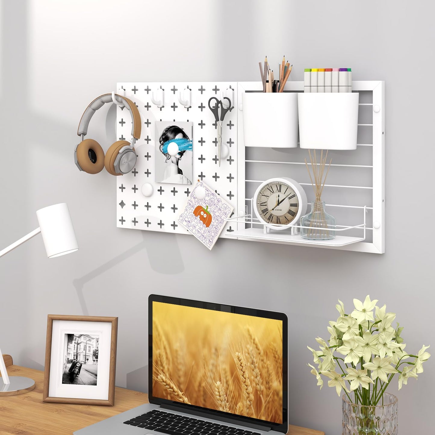 GiantexUK Pegboard Combination Kit, Metal Pegboard Wall Organiser with Shelf, 2 Containers, 4 Hooks & 5 Magnets