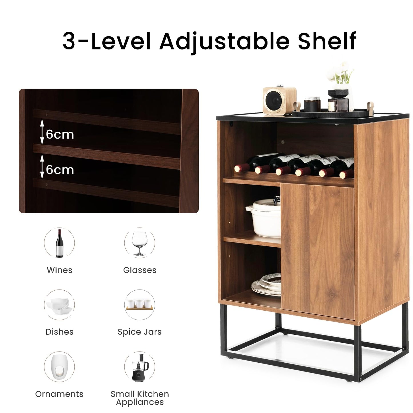 GiantexUK Wine Bar Cabinet, Wooden Buffet Sideboard with Adjustable Shelves