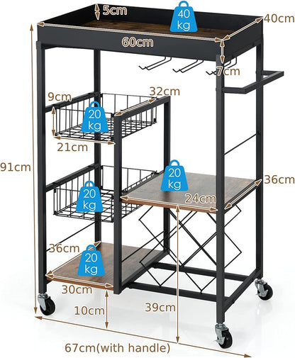 GiantexUK 4 Tier Service Cart, Industrial Kitchen Storage Trolley with Side Handle, Glass Holder, Removable Tray and Lockable Wheels