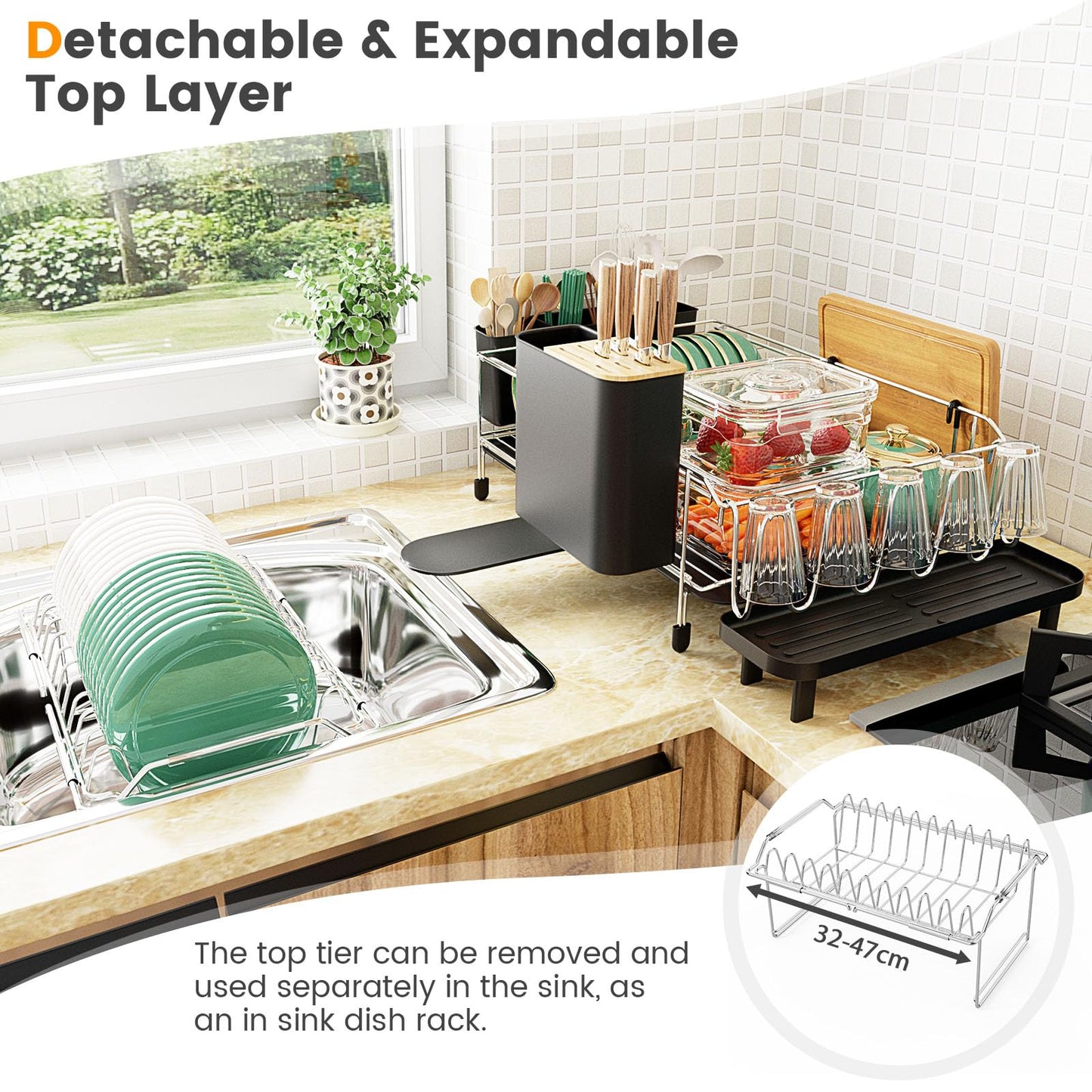 GiantexUK 2-Tier Dish Drainer Rack, Metal Frame Dish Drying Rack with Bowl Rack, Removable Dish Rack