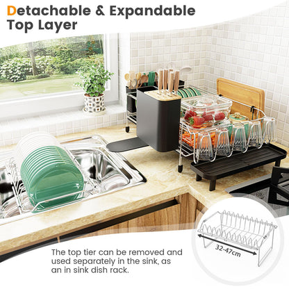 GiantexUK 2-Tier Dish Drainer Rack, Metal Frame Dish Drying Rack with Bowl Rack, Removable Dish Rack