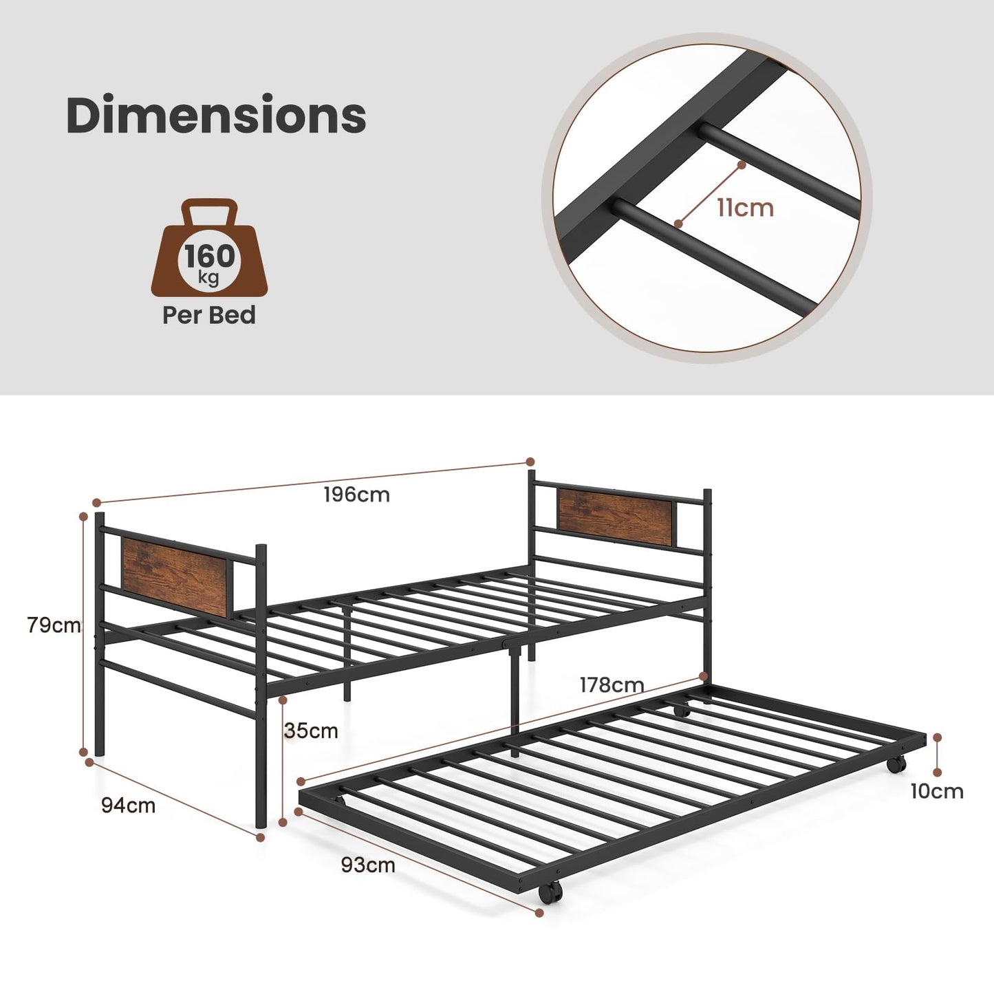 3FT Metal Day Bed with Trundle, Single Bed Frame with Pull-out Bed