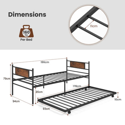 3FT Metal Day Bed with Trundle, Single Bed Frame with Pull-out Bed