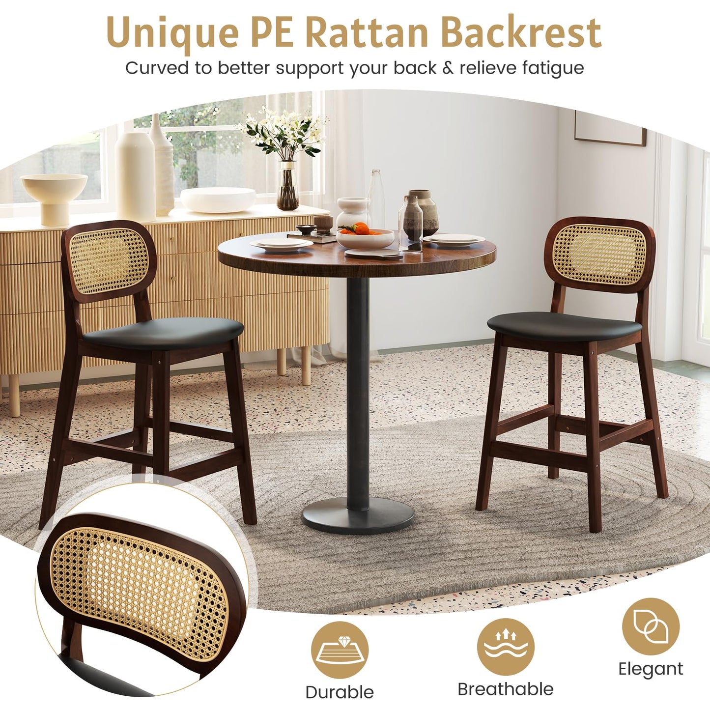 GiantexUK Bar Stools Set of 2, PU Leather Kitchen Barstools with PE Rattan Backrest, Footrests & Non-Slip Foot Pads