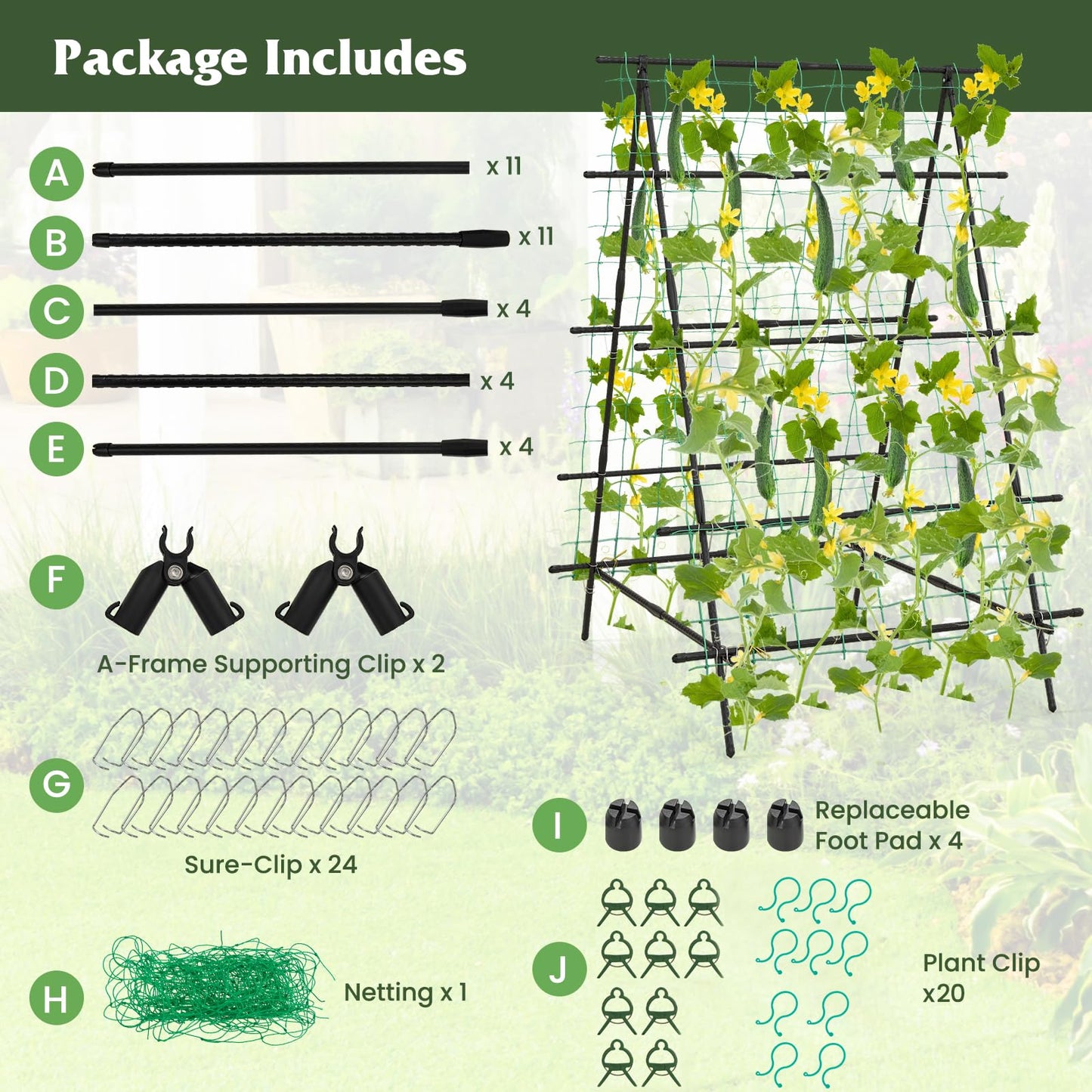 GiantexUK Garden Cucumber Trellis, 41x59Inch A-Frame Plant Support Stand with Adjustable Shape, Netting & Clips