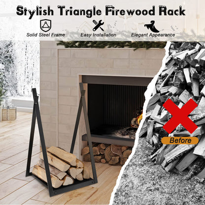 GiantexUK Firewood Rack, Indoor Outdoor Metal Firewood Log Holder, Heavy Duty Triangular Fireplace Wood Storage Shelf for Patio Garden Backyard, 40 x 37 x 70cm