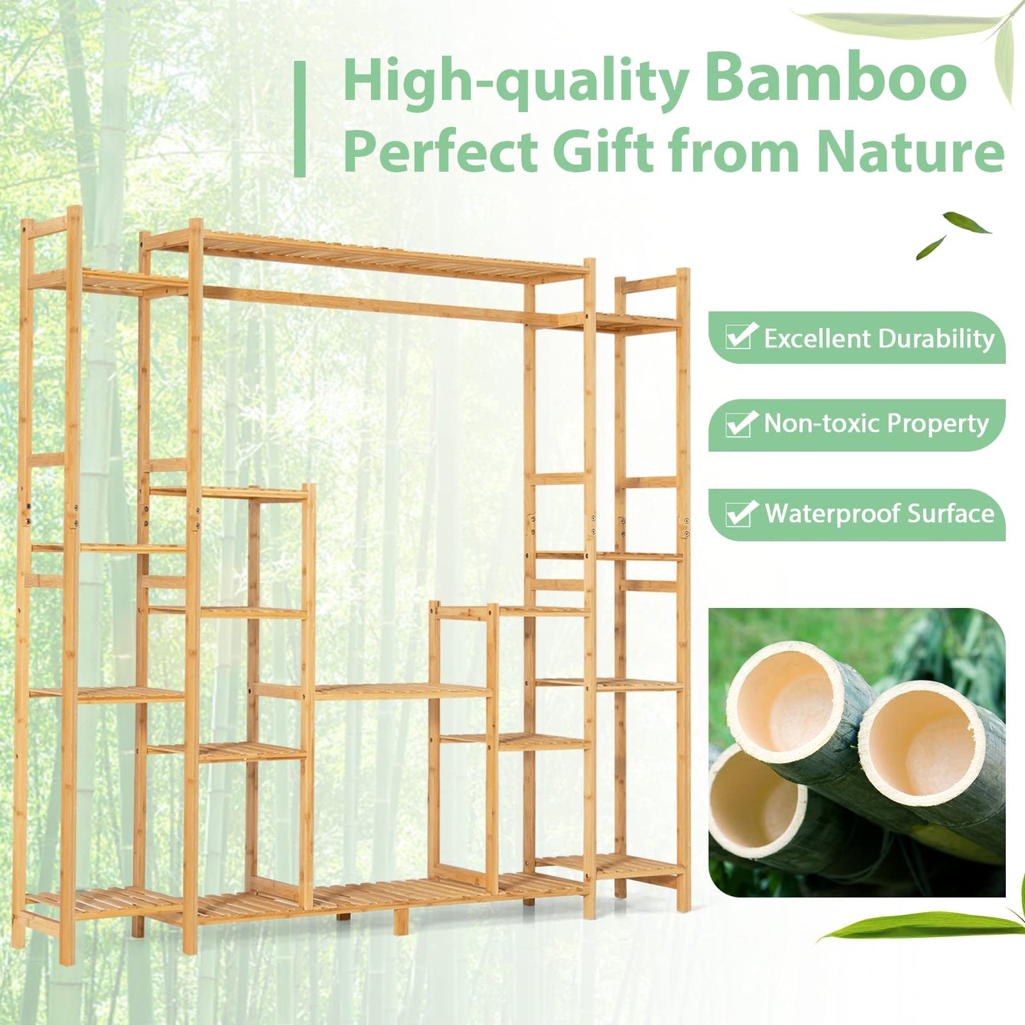 Bamboo Plant Stand, 9-Tier Flower Pots Rack with Hanging Rack, Slatted Shelves & Anti-Toppling Device