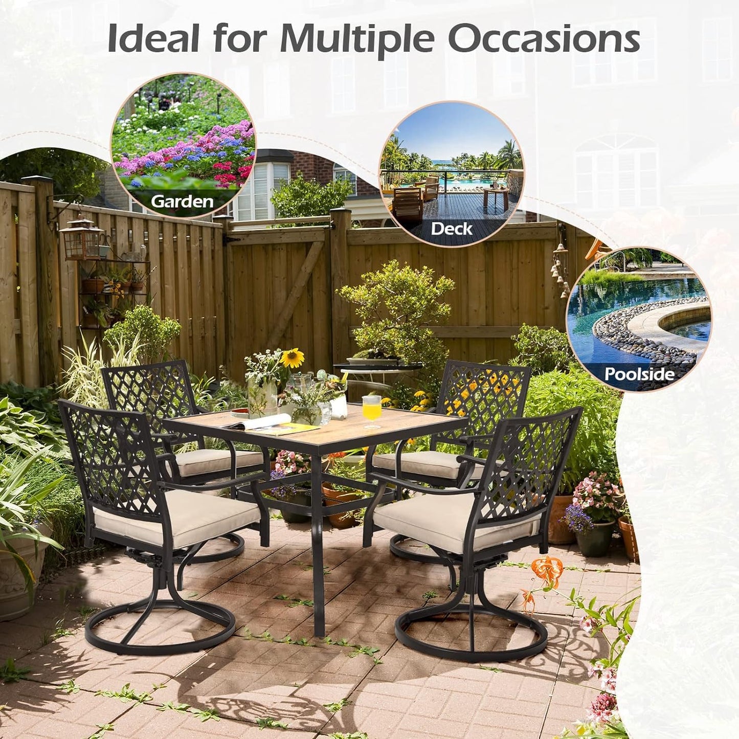 GiantexUK Patio Dining Set, Metal Garden Table and Chairs Set with with 90cm Square Table, 4 Swivel Chairs & Removable Cushions