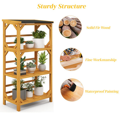 GiantexUK 3-Tier Plant Stand with Roof, Fir Wood Flower Pot Holder Display Rack