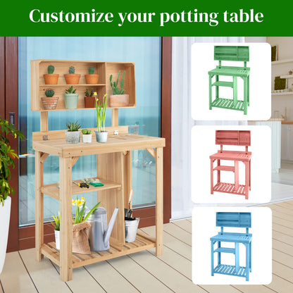 GiantexUK Garden Potting Table, Fir Wood Potting Bench with Multiple Storage Shelves