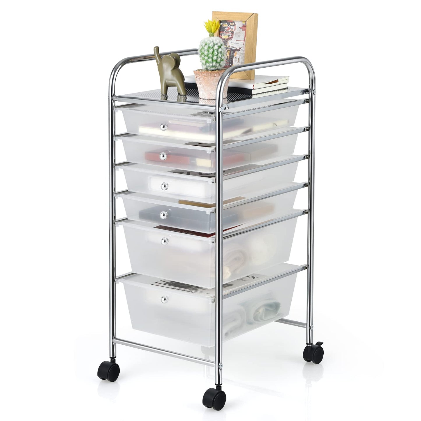 GiantexUK 6 Drawers Storage Trolley, Multipurpose Utility Rolling Cart on Wheels, Plastic Shelving Organizer Unit (6 Drawers, Transparent)