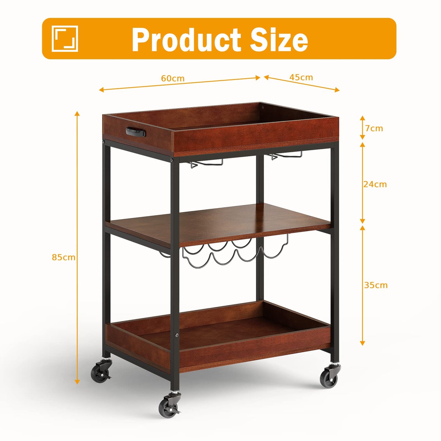 GiantexUK Kitchen Serving Trolley, Rolling Bar Cart with Wine Rack & Glass Holders, Drinks Storage Island on Lockable Wheel (1 Tier Wine Rack, 60 x 45 x 85cm)