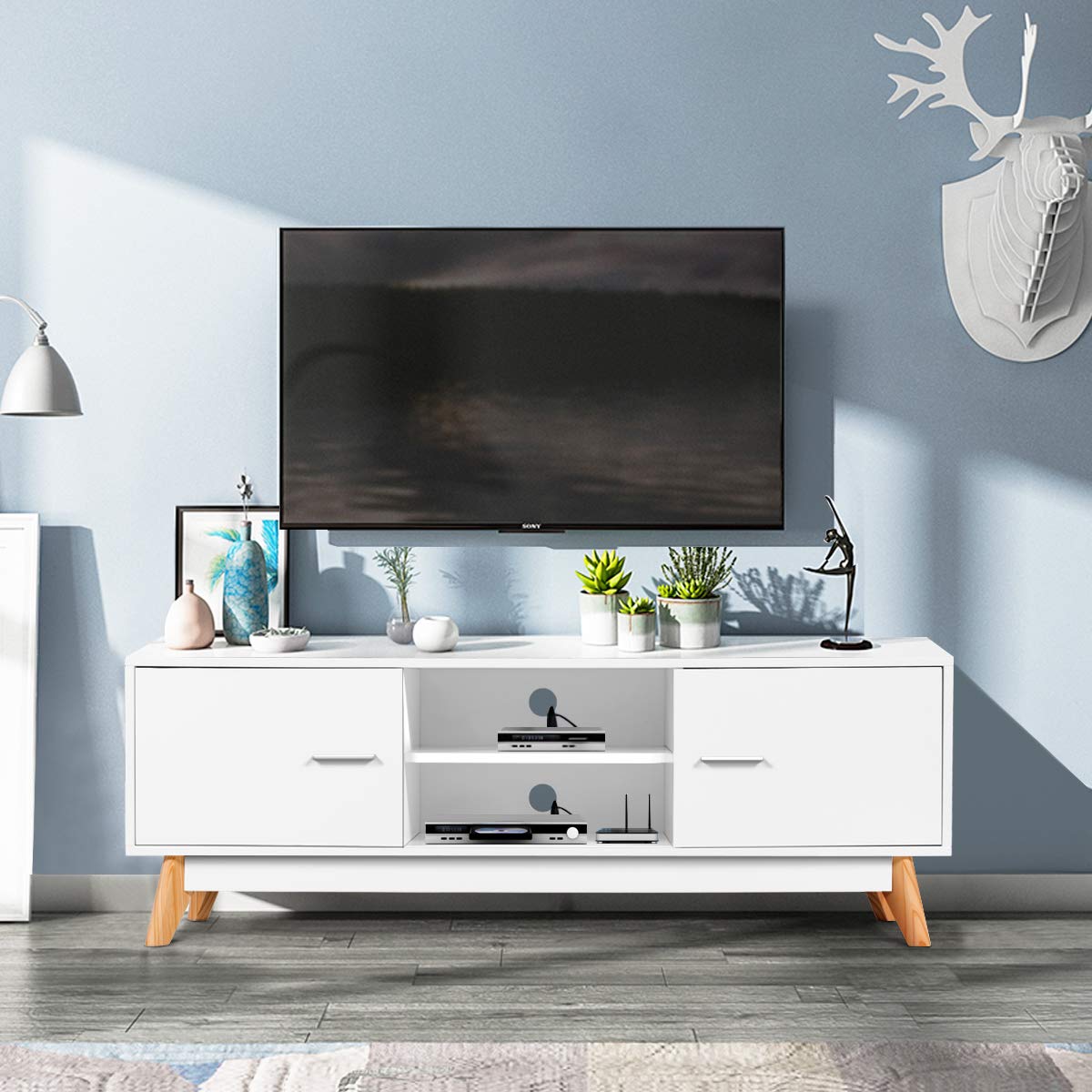 TV Stand for TVs up to 60 Inches, Wooden TV Cabinet Media Entertainment Center with Double Door and 2 Storage Shelves