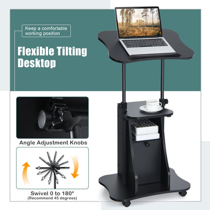 Mobile Laptop Table, Height Adjustable Sit Stand Desk Podium Stand Presentation Cart with Wheels, 55 x 40 x 68-114cm