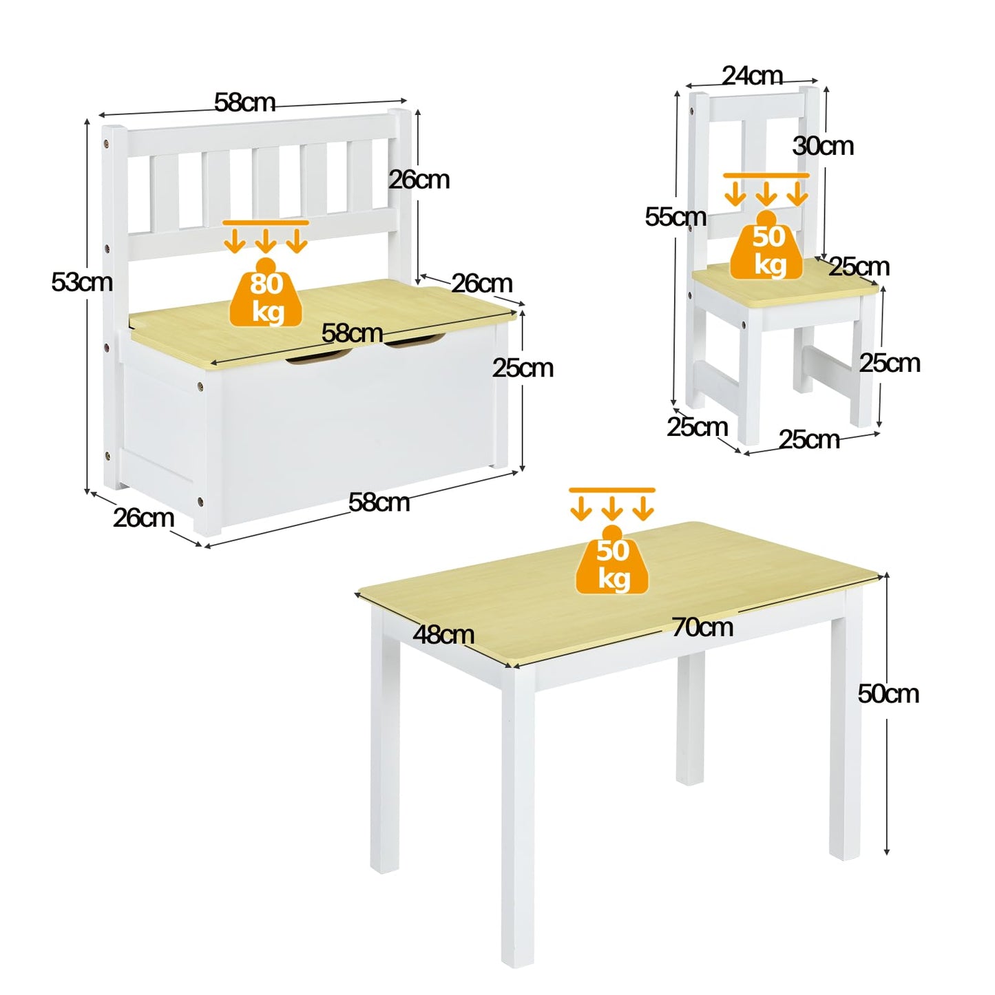 Kids Table & Chair Set, 4-Piece Children Furniture with Toy Storage Bench