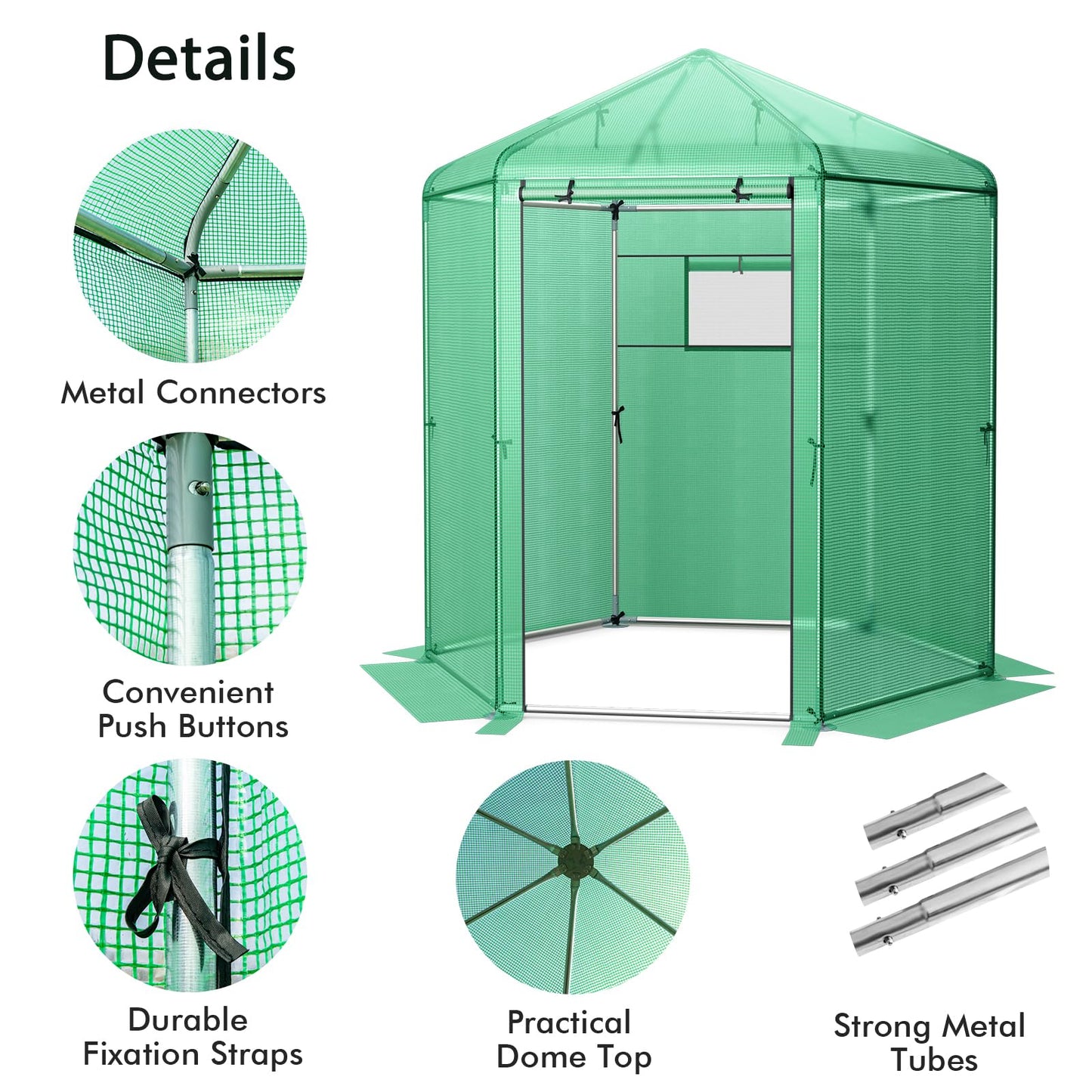 GiantexUK Walk In Greenhouse, 214x183x227cm Galvanised Steel Frame Hexagon Growhouse with Waterproof PE Cover, Roll-up Mesh Window & Door