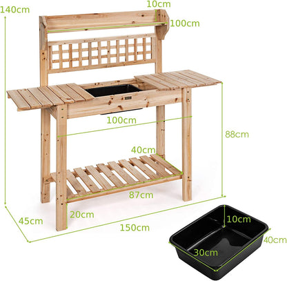 GiantexUK Wooden Potting Table, Garden Planting Bench with Open Shelves and Extendable Tabletop