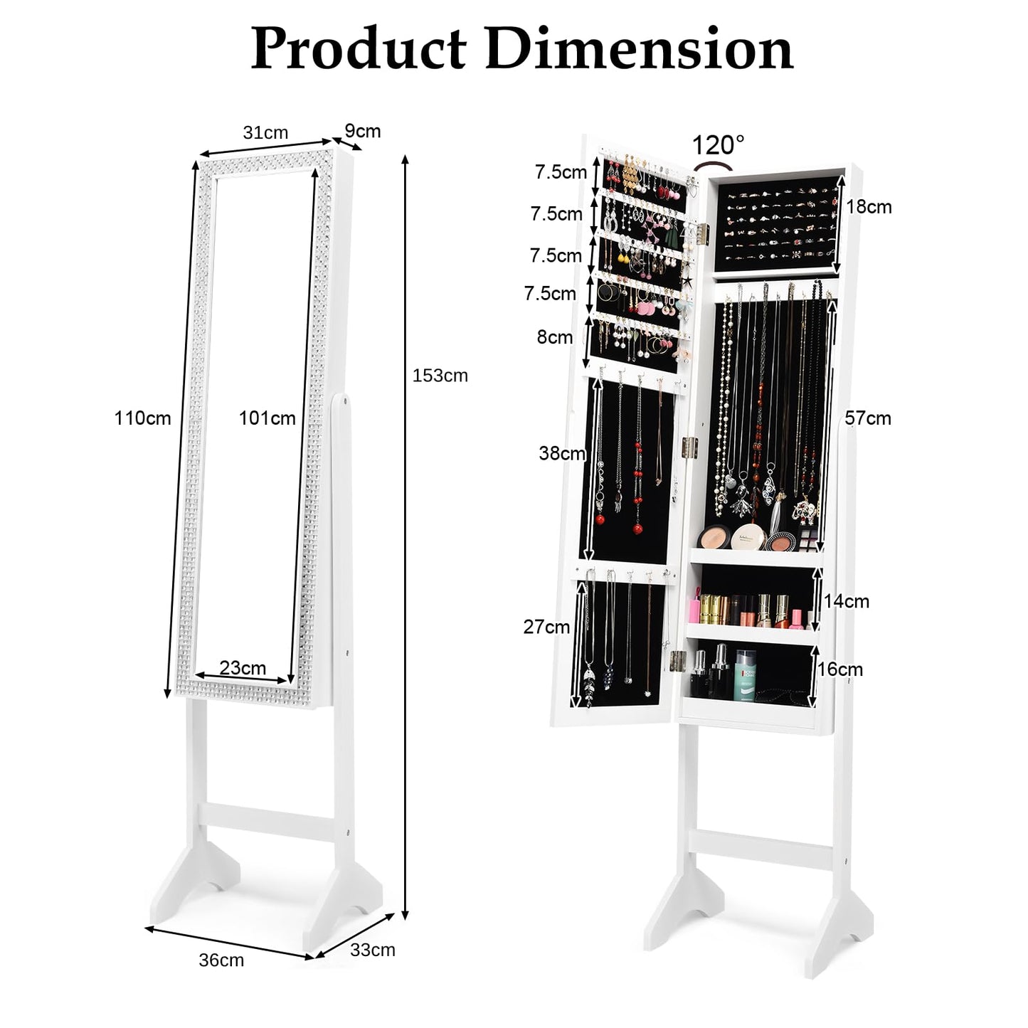 Freestanding Jewellery Cabinet, 2-in-1 Mirrored Jewelry Armoire with Full-Length Mirror