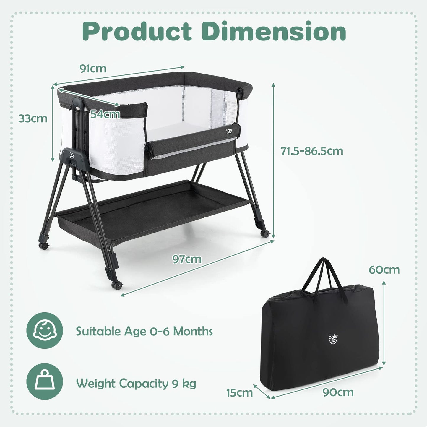 Baby Bedside Crib, Easy Folding Cot Bed with Mattress, All-Side Mesh, Storage Shelf and Travel Bag