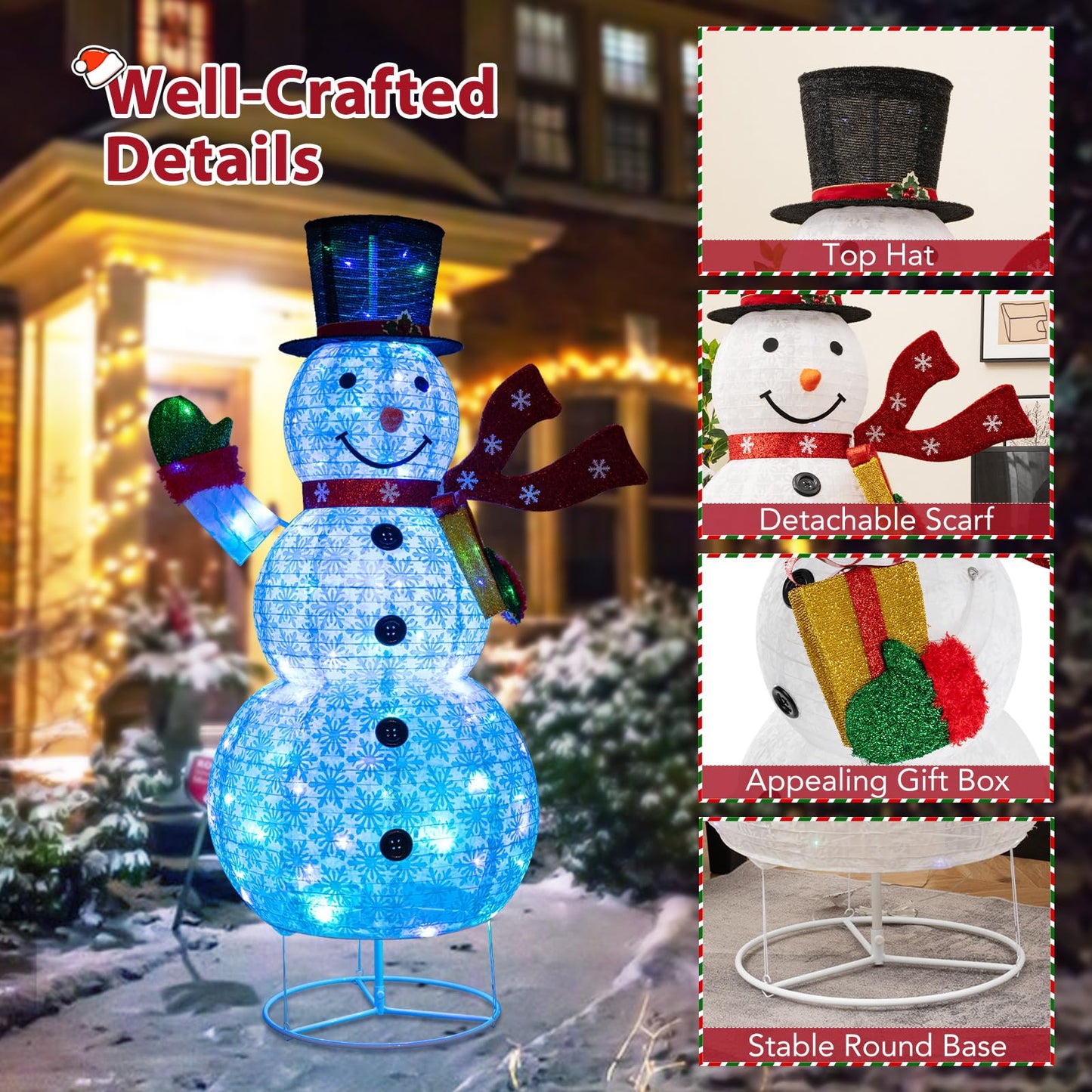 6FT Lighted Christmas Snowman, Pre-Lit Snowman Ornament Xmas Decoration with 180 LED Lights