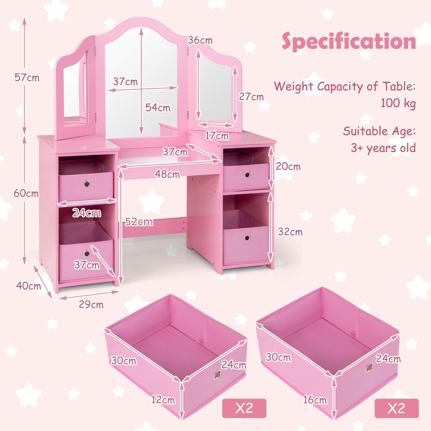 Kids Dressing Table with Tri-Folding Detachable Mirror, 4 Storage Bins, Girls Makeup Vanity Tables for Playroom Bedroom