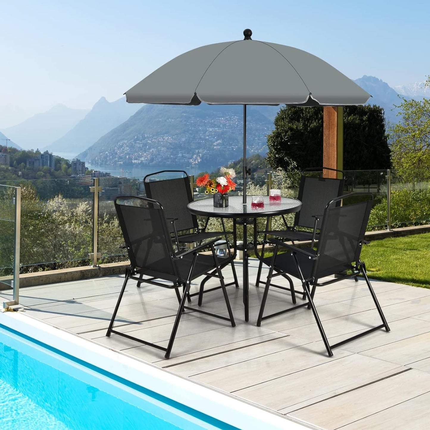 GiantexUK 6 Piece Garden Dining Set, Metal Frame Patio Bistro Set with Tempered Glass Table, 4 Folding Chairs & Parasol Umbrella