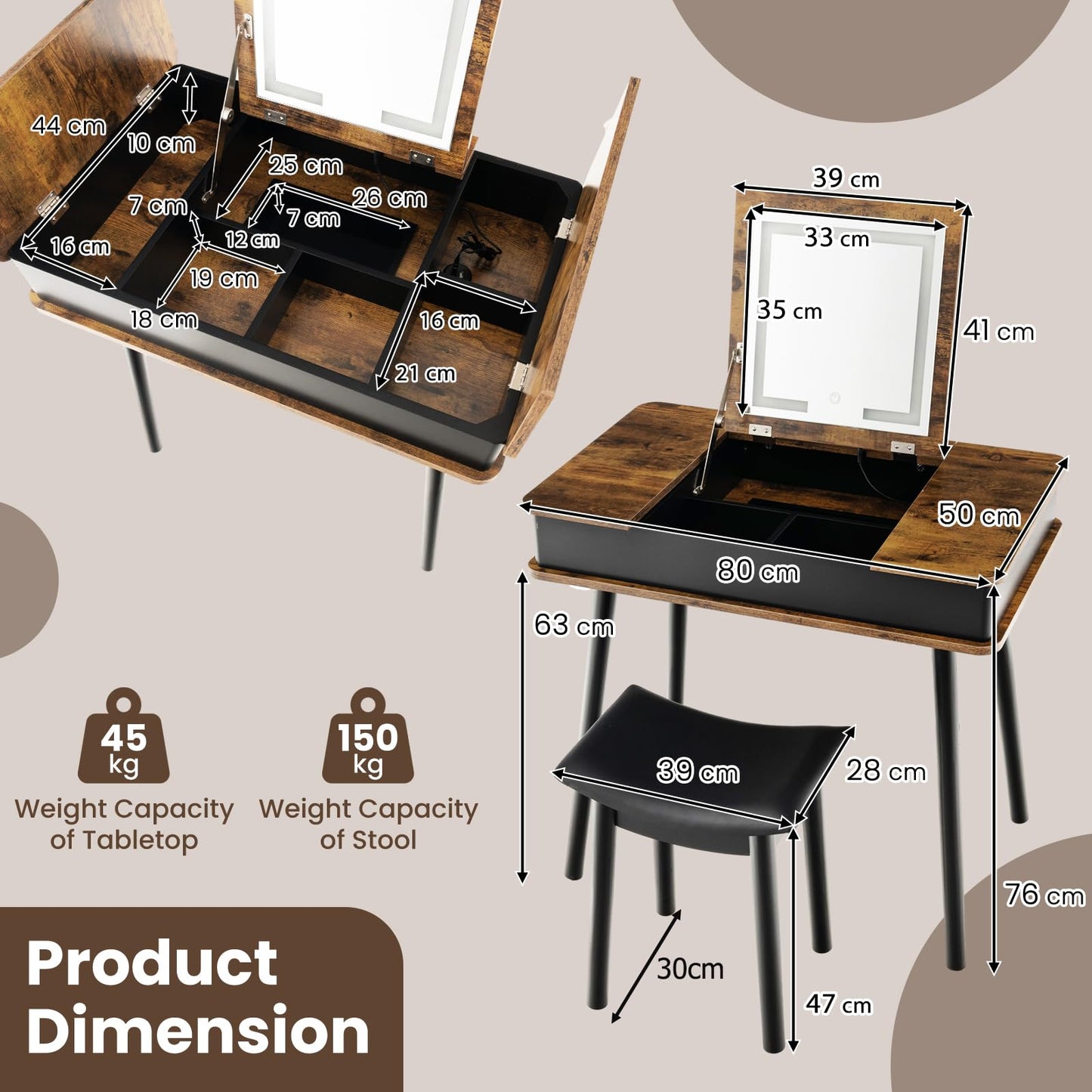 Dressing Table and Stool Set with Flip Top LED Lighted Mirror, USB Charging Station and 7 Hidden Compartments