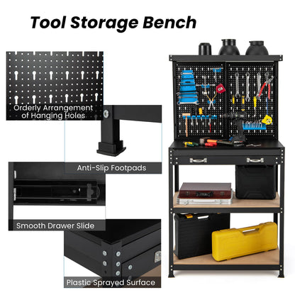 GiantexUK Workbench with Pegboard, Metal Frame Garage Work Bench with 13 Hanging Accessories