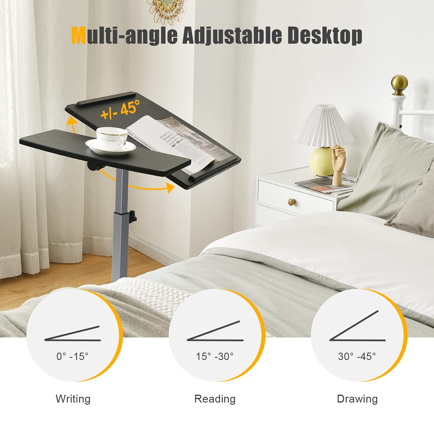 Mobile Laptop Table, Height Adjustable Overbed C-shaped Tray Table with Lockable Casters