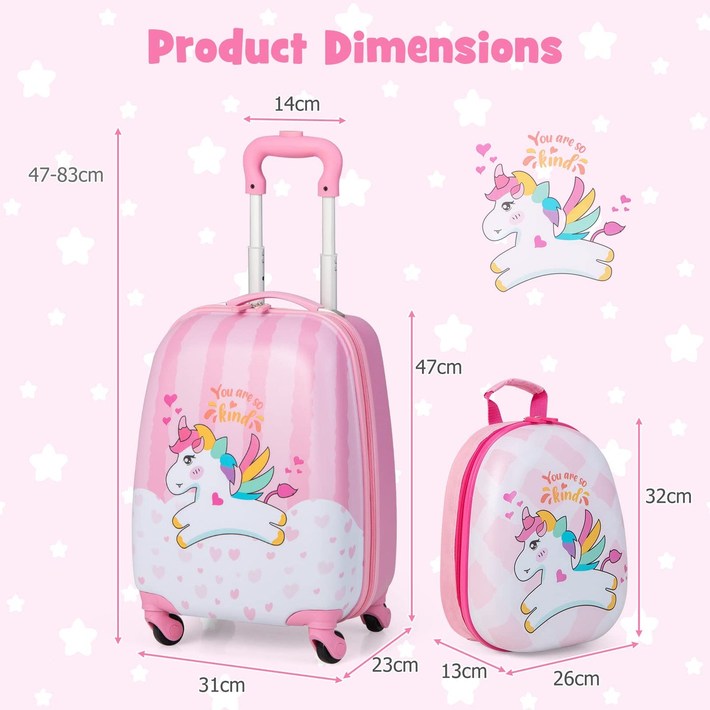 ABS Kids Luggage Set, 12'' Backpack 16'' Suitcase Children Boys Girls Travel School Trolley Case (Pink)