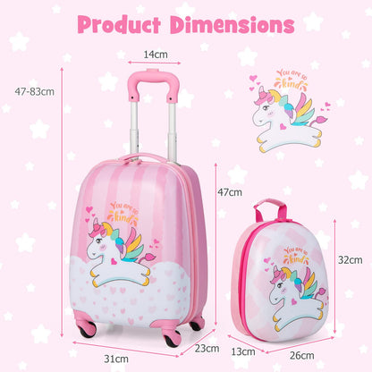 ABS Kids Luggage Set, 12'' Backpack 16'' Suitcase Children Boys Girls Travel School Trolley Case (Pink)