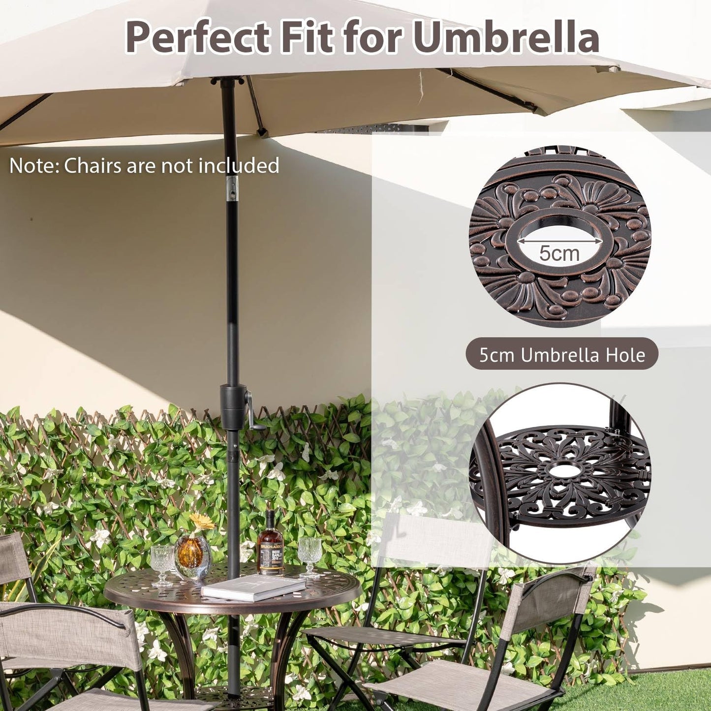 GiantexUK 79cm Round Garden Table, Cast Aluminum Patio Bistro Table with Umbrella Hole & Adjustable Foot Pads(4 Legs, 79 x 71cm)