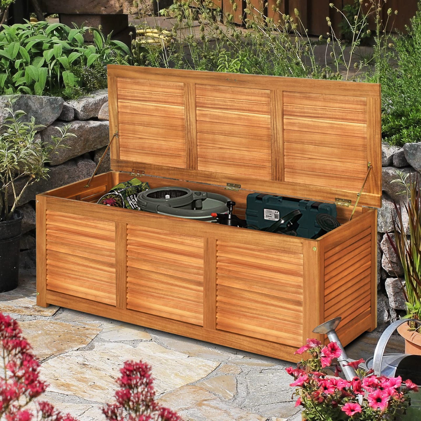 GiantexUK Garden Deck Box, 180L Outdoor Storage Bench with Lid, Wooden Chest Container for Patio Cushions and Gardening Tools