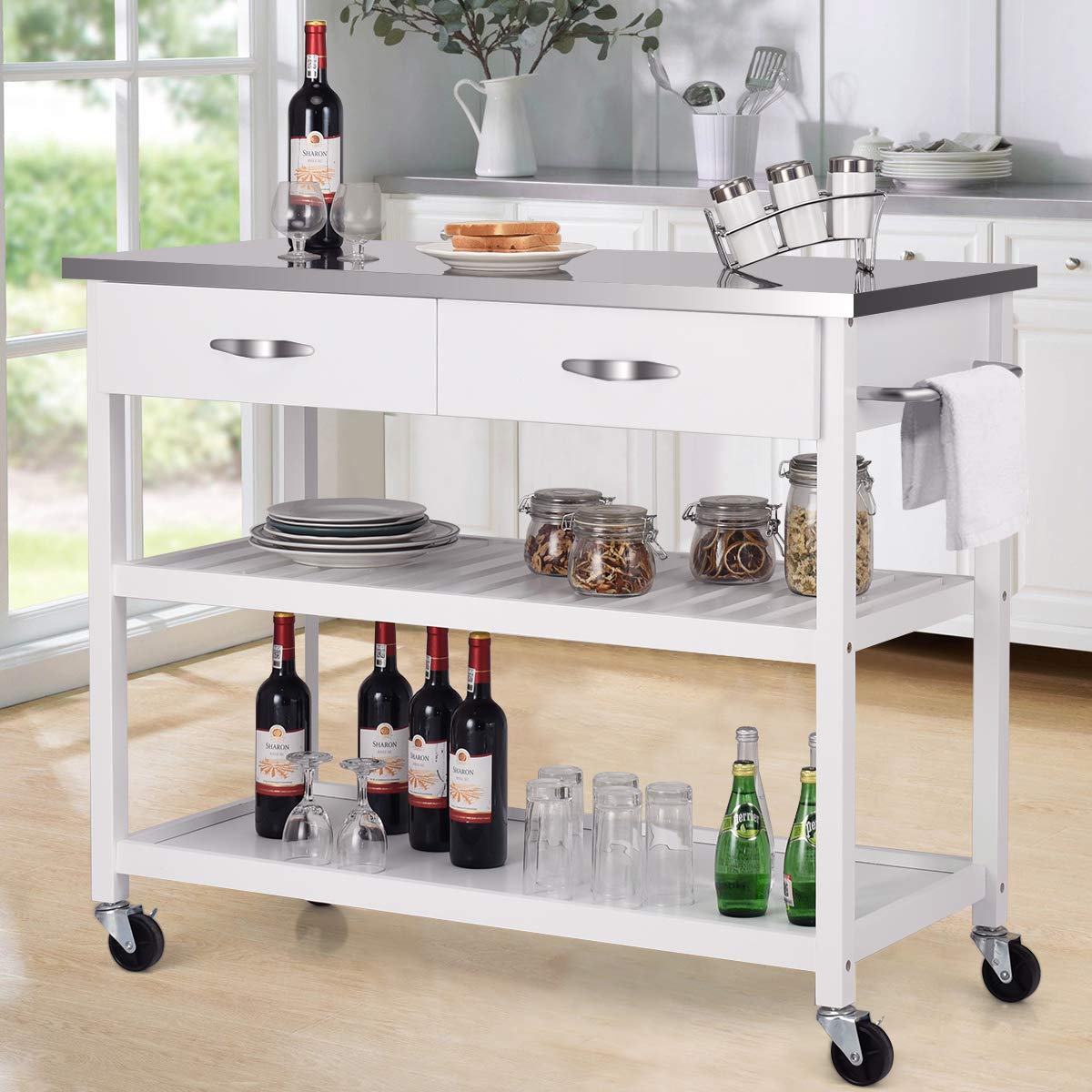 GiantexUK Kitchen Storage Trolley on Wheels, Mobile Kitchen Island with Stainless Steel Flip Top, Drawers & Handle, 116x53x93cm, No Flip Top