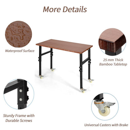 GiantexUK Adjustable Workbench, Bamboo Top Heavy-duty Work Bench with 10-level Heights and 4 Lockable Wheels