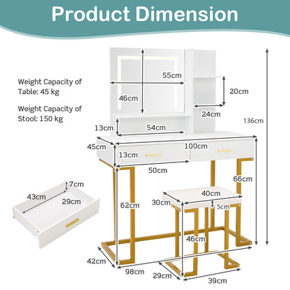 Dressing Table and Stool Set with 3-Color LED Lights Mirror, 2 Drawers and Storage Shelves