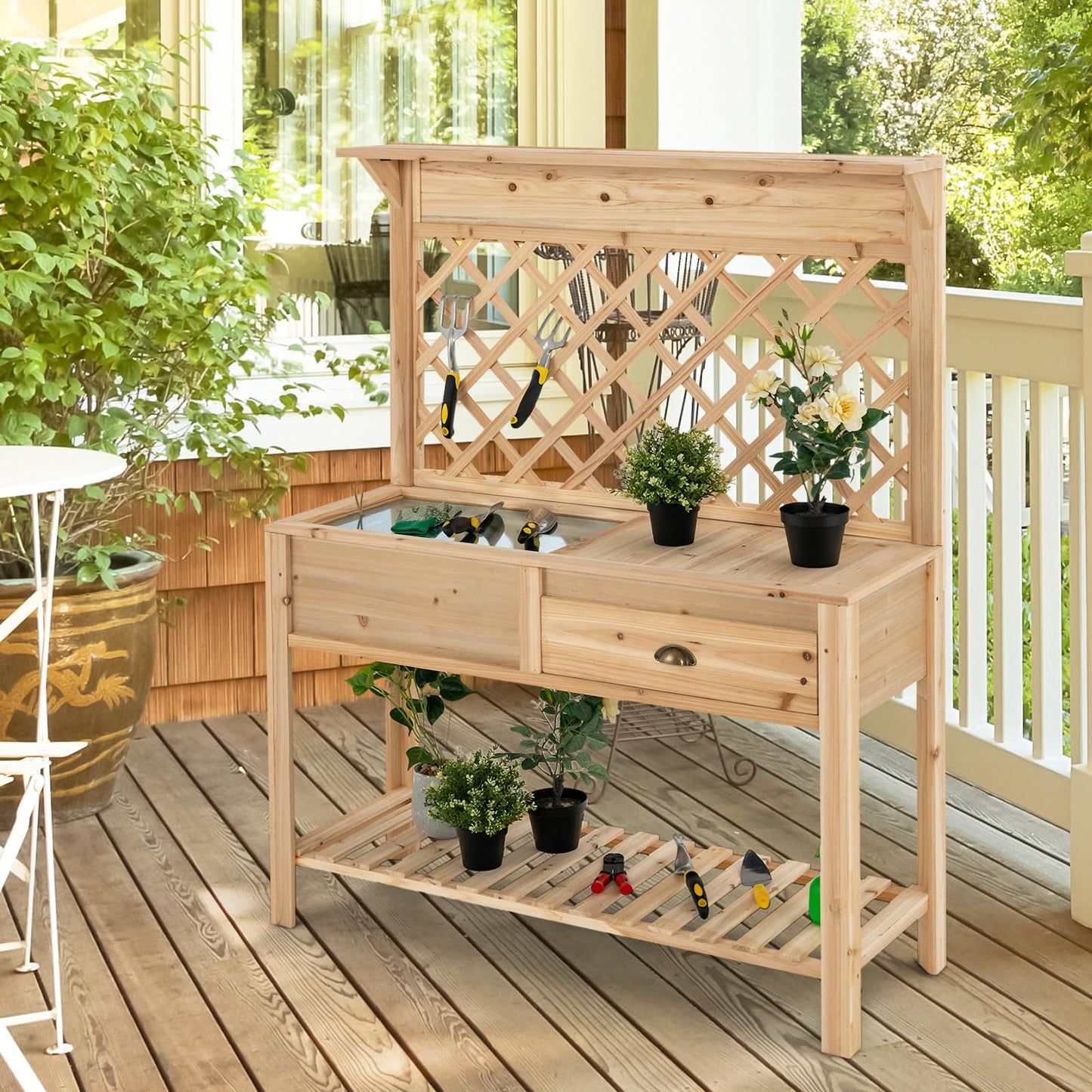 GiantexUK Garden Potting Table, Wooden Planting Bench with with Trellis