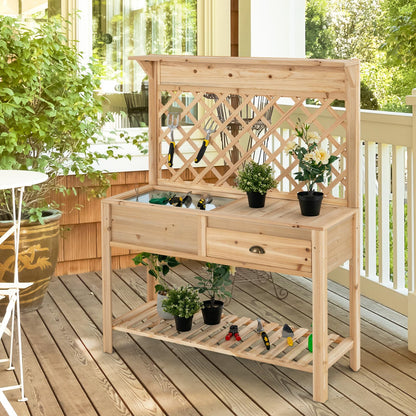 GiantexUK Garden Potting Table, Wooden Planting Bench with with Trellis