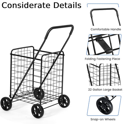 GiantexUK Shopping Cart on Wheels, Folding Metal Grocery Trolley with Foam-wrapped Handle