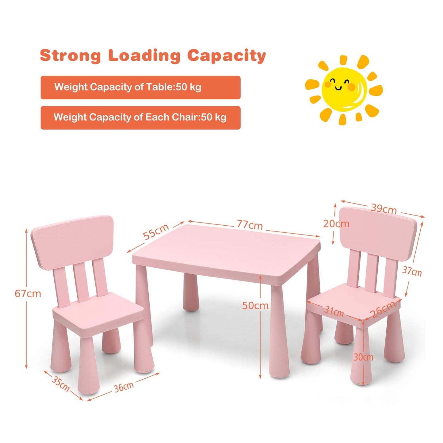 Kids Table and Chair Set, Children Multi Activity Desk with 2 Chairs, for Eating, Drawing, Writing, Craft, Snack Time, 77 x 55 x 50 cm