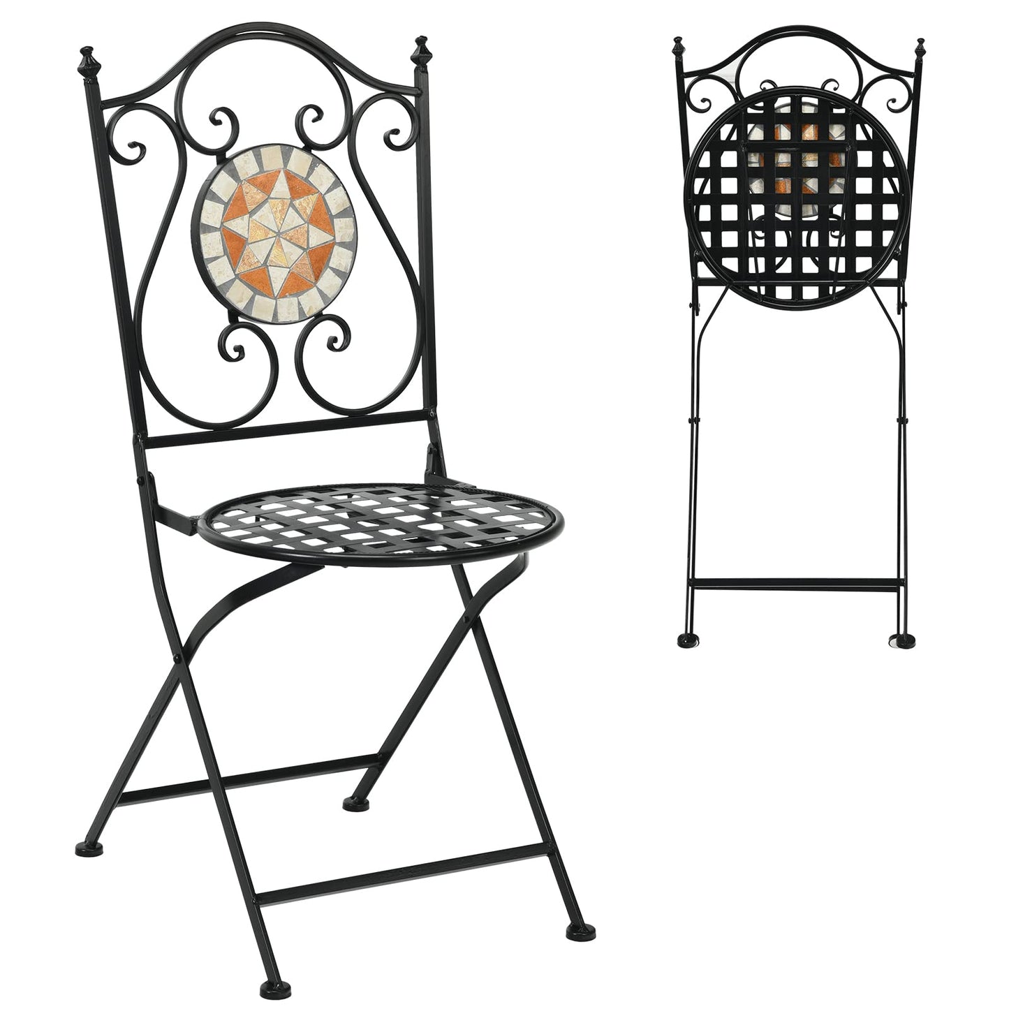 GiantexUK Folding Mosaic Chairs, Set of 2 Metal Round Bistro Garden Chairs, Patio Furniture Seats for Patio, Yard & Balcony, Seat Height 47 cm