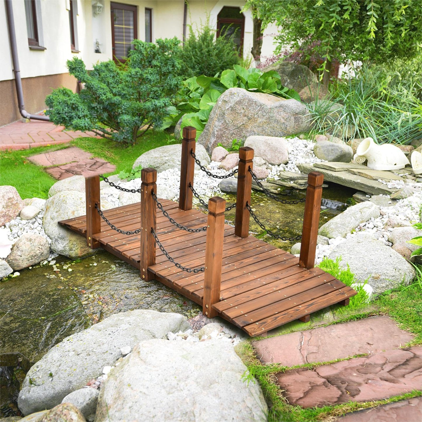 GiantexUK 1.5M Wooden Garden Bridge (Chain Railings, Brown)