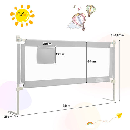 Bed Rail, Height Adjustable Toddler Protection Guard with Storage Pocket and Double Safety Lock (Grey, 175cm)