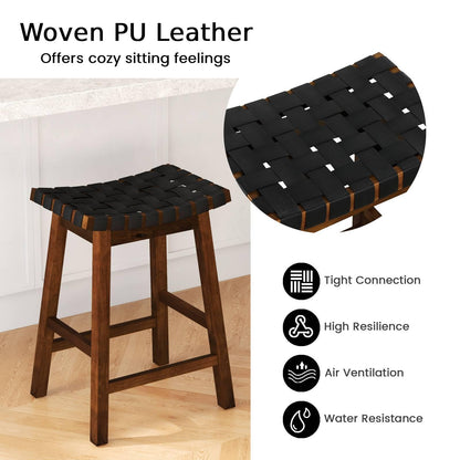 GiantexUK Saddle Stools Set of 2/4, PU Leather Woven Kitchen Counter Height Stools with Curved Seat & Rubber Wood Footrests (44 x 35 x 65cm)