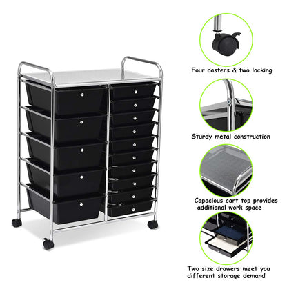 GiantexUK 15 Drawers Rolling Trolley, Utility Storage Organizer Cart with Wheels