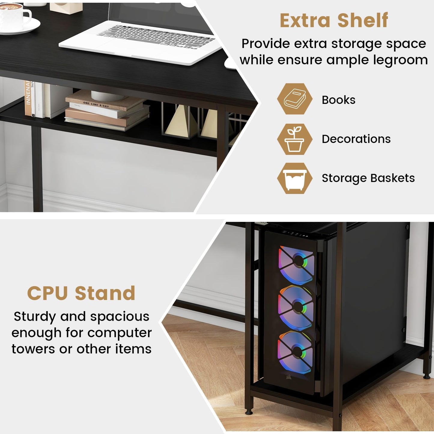 Computer Desk, 120CM Study Table Writing Workstation with Storage Shelf and CPU Stand