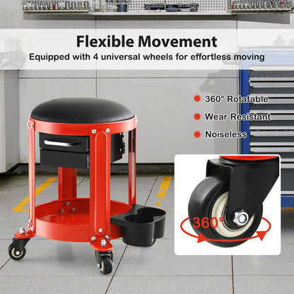 GiantexUK Pneumatic Rolling Mechanic Stool, 2 Drawers Workshop Creeper Seat with 4 Universal Casters