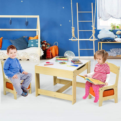 Kids Table Chair Set, Double Side Tabletop Table and 2Pcs Chairs with Storage Box