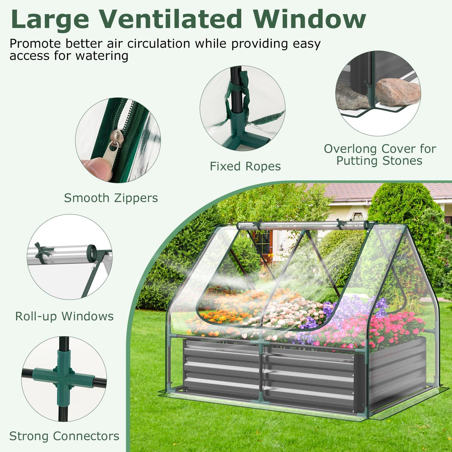 Raised Garden Bed with Greenhouse, Outdoor Elevated Planter Box with PVC Cover & Dual 2-Tier Roll-Up Windows